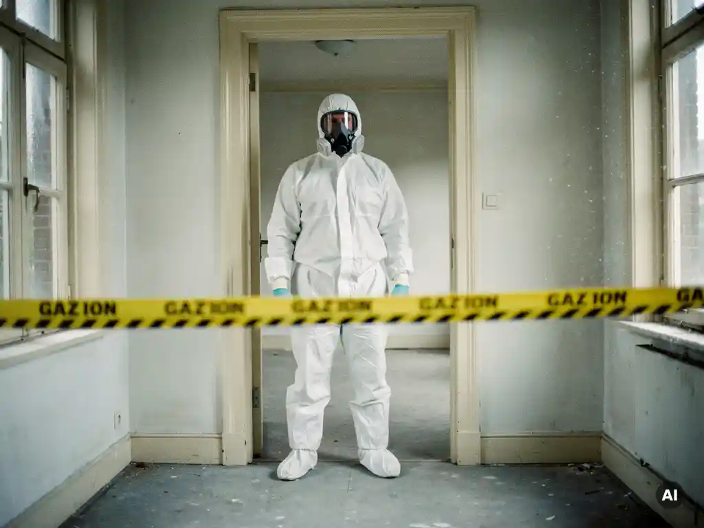 Asbestverwijderingsspecialist in wit beschermend pak en ademmasker in deuropening van leegstaand Nederlands woonhuis met geel waarschuwingslint.